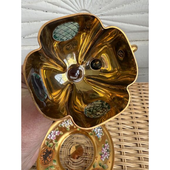 Antique 20's Tre Fuochi Czech Bohemian Gold Blue Glass Pedestal Teacup Saucer - Picture 2 of 16